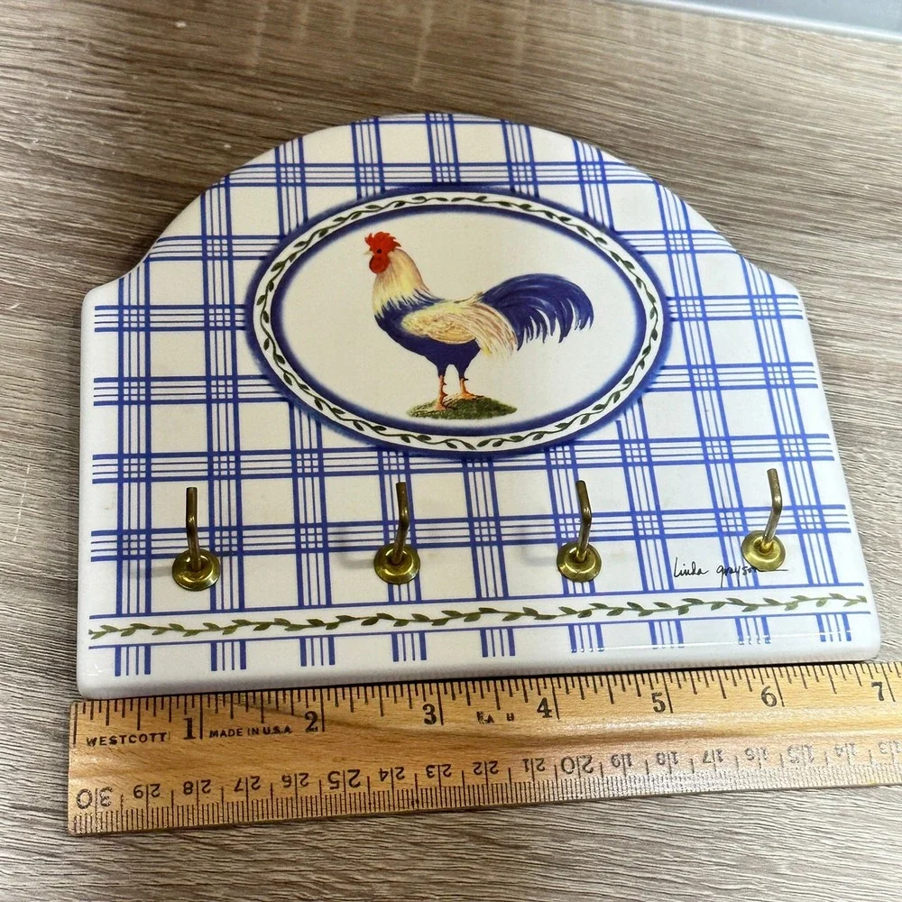 Santa Barbara Ceramic Design Rooster Key Rack Blue Plaid Linda Grayson 6.5x5.5in
